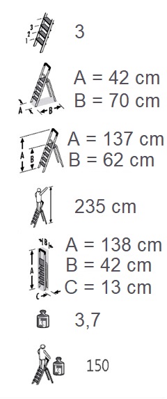 Stepladder PROF, 3 steps, working height 2,35 m - Storit