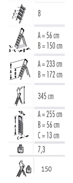 Стремянка PROF, 8 ступеней, рабочая высота 3,45 м - Storit