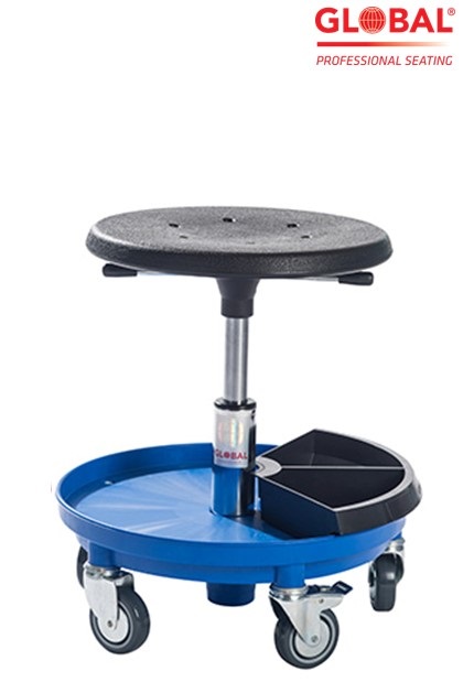 Stool Sigma 400P 370-500 mm on wheels, blue tool tray - Storit