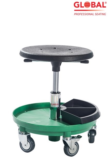 Stool Sigma 400P 370-500 mm on wheels, green tool tray - Storit