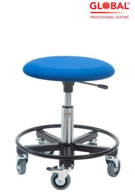 Tабурет Sigma-Beta 390-520 мм на колесах, круглая опора для ног, синяя ткань - Storit