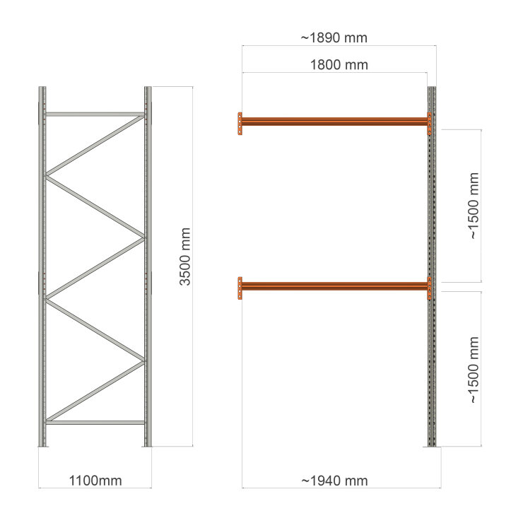 Premium pallet rack 3500x1800x1100mm, extension (2x1000kg) - Storit