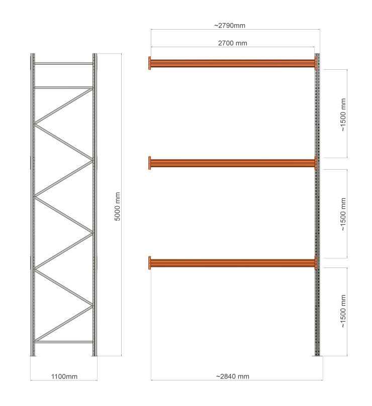 Premium pallet rack 5000x2700x1100mm, extension (3x1100kg) - Storit