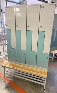 Wardrobe locker S 4×300 mm,  RAL7035/RAL7035/RAL6034. + Foot frame with a bench 1200mm - Storit