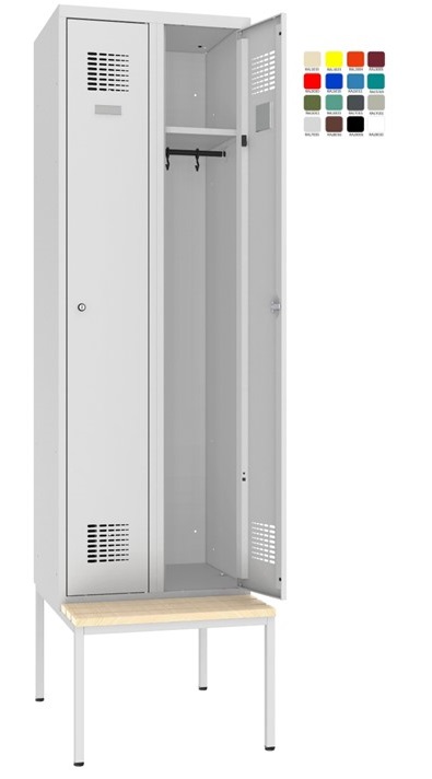 Wardrobe locker Storit 2×300 mm with bench frame, RAL7035/7035 - Storit